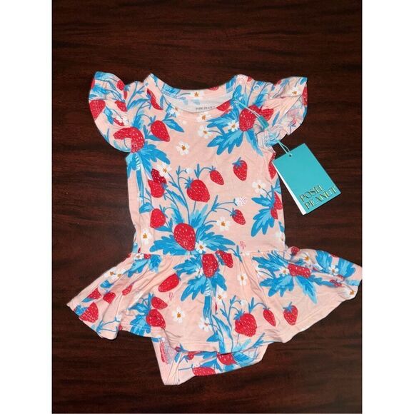 NWT Posh Peanut 6-12 Months Pink Strawberry Dress with Ruffle Sleeves - Picture 1 of 4